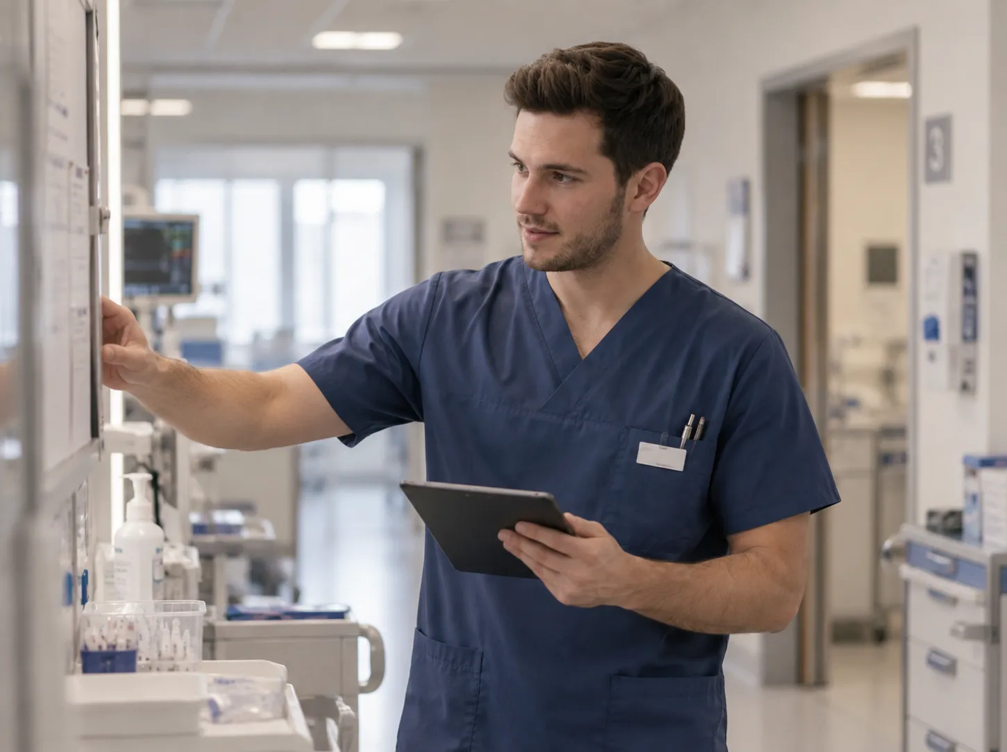 Pflegefachkraft mit Tablet im Krankenhausalltag