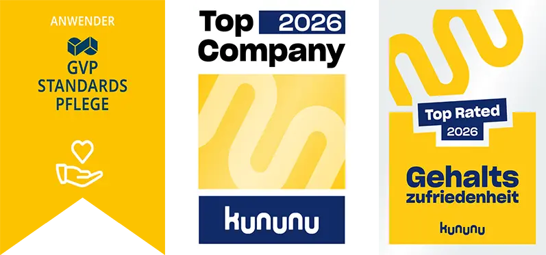 Auszeichnungen: GVP Standards Pflege, Top Company 2026, Top Rated Gehaltszufriedenheit